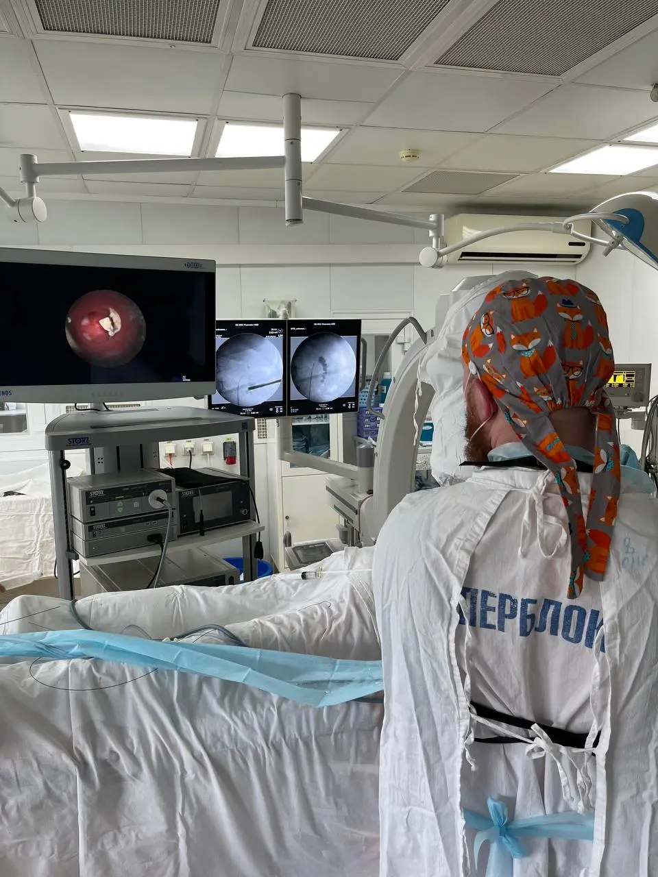 Percutaneous kidney intervention under endoscopic and X-ray guidance