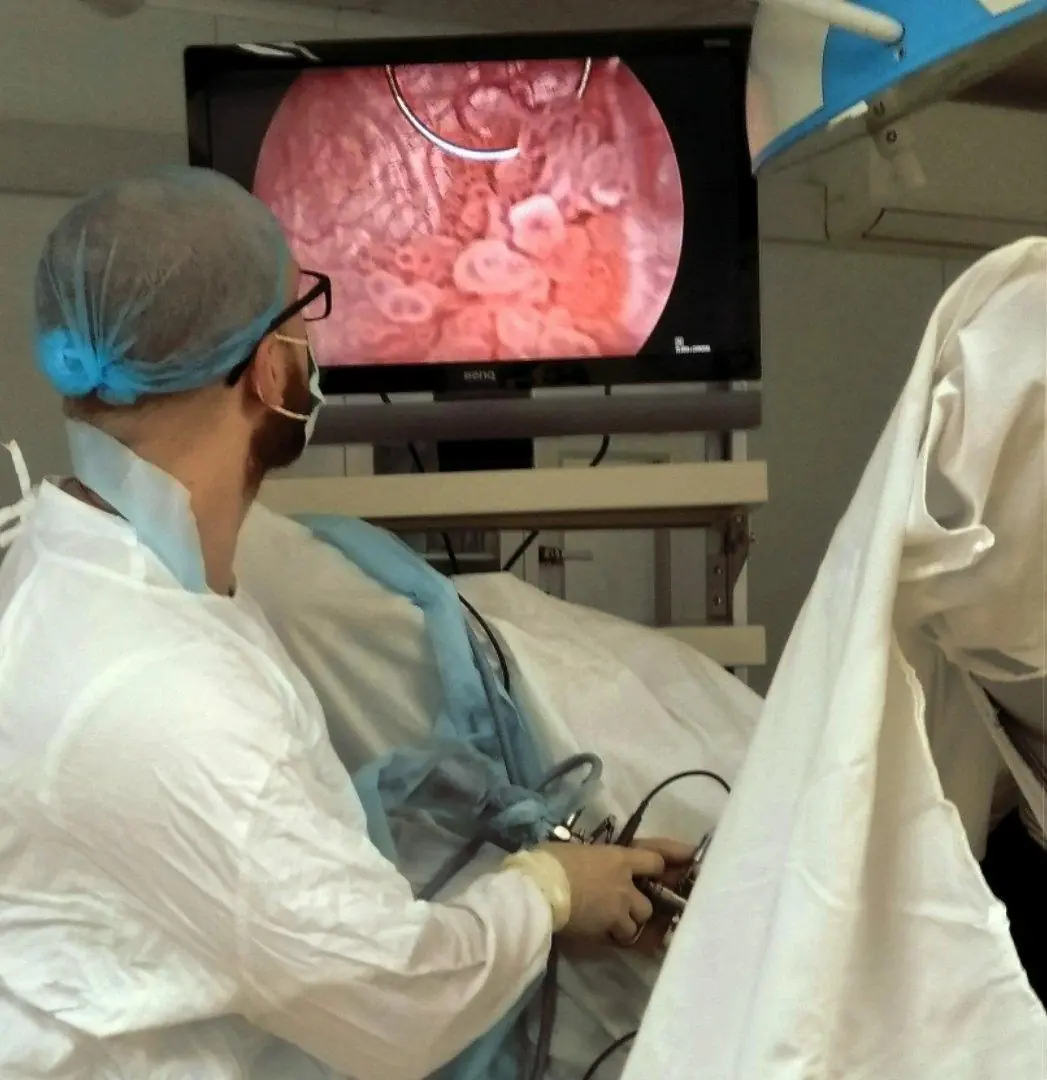 Artem Ershov performing transurethral resection of a bladder lesion under endoscopic control